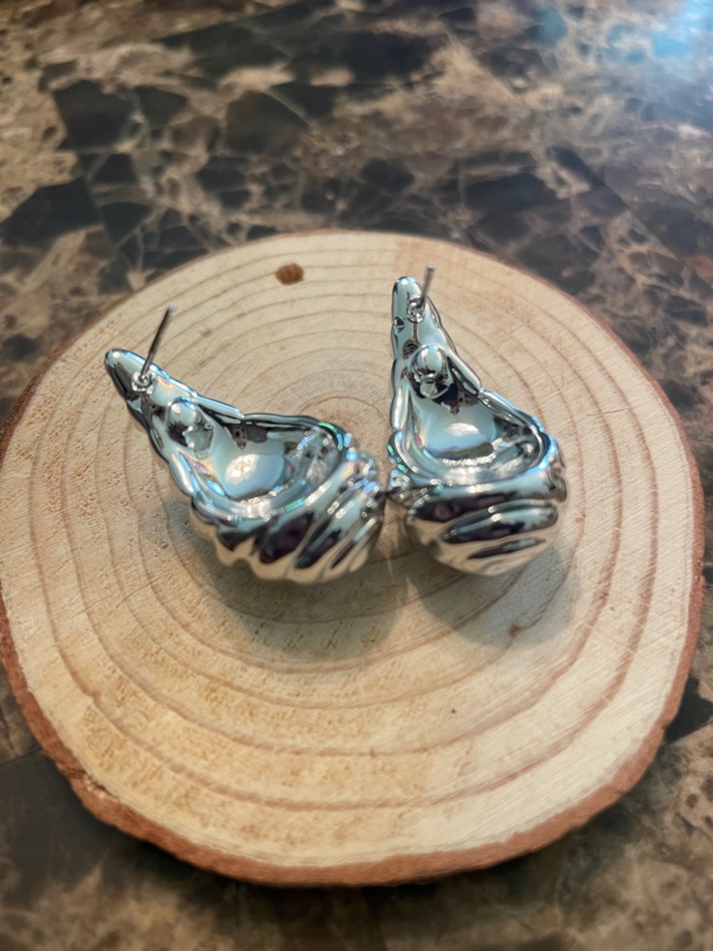 Silver Shell Shaped Post Earrings - Picture 4 of 7